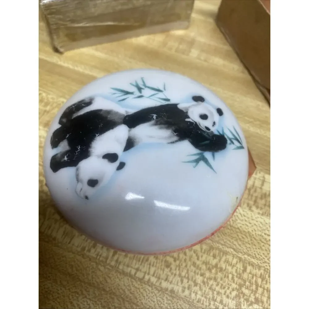 Vintage Hand Painted Japanese Panda Theme Porcelain Cosmetic Vanity Jar